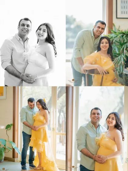 A collage of couple's portraits from the baby shower. These photos, in both color and black and white, capture their shared excitement and love as they await their little one.