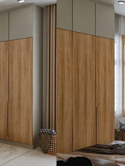 This image shows the two-toned wardrobe design, which adds visual height to the room. The simple, clean lines are characteristic of the modern and minimalist style my client desired.