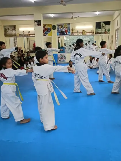 Students practicing their punches in synchronized lines.