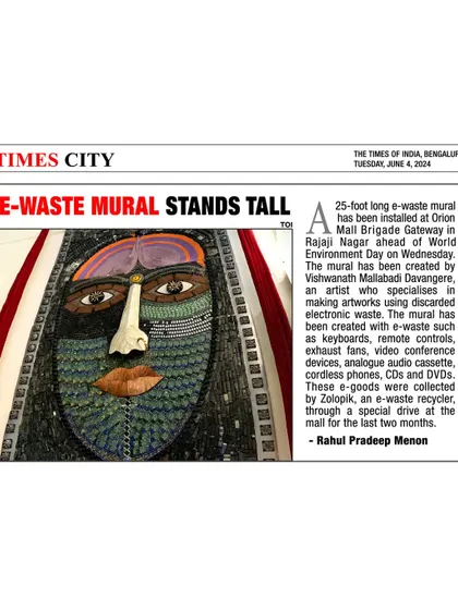 The Times of India covered my 25-foot e-waste mural at Orion Mall, highlighting how it was created from items like keyboards, remote controls, and cordless phones to raise awareness for World Environment Day.