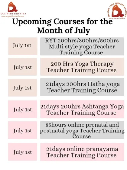 Our July schedule for foundational TTCs, including multi-style, Yoga Therapy, Hatha, Ashtanga, and online Prenatal and Pranayama courses.