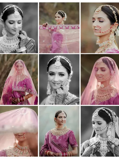 A grid of nine portraits of the Himachali bride, mixing color and black and white. This showcases her traditional look from multiple angles and moods.