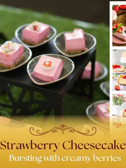 A collage showcasing our Strawberry Cheesecake, bursting with creamy berry flavor. This is just one of the many international desserts we offer to delight your guests.