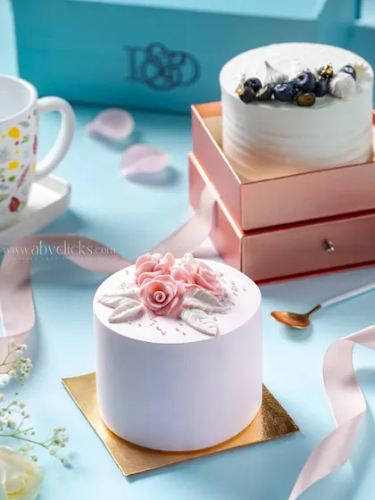 A beautiful pink mini cake with delicate rose piping, presented alongside a blueberry-topped cake in a gift box, highlighting options for special occasions.