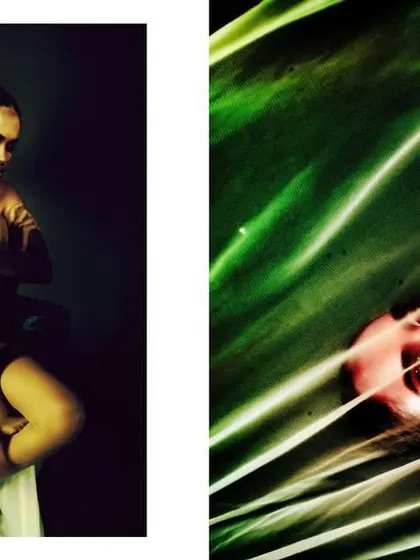 A diptych from the 'ANAINA' series, combining a seated portrait with an abstract, reflective shot. This pairing creates a dynamic narrative, contrasting stillness with blurred motion.