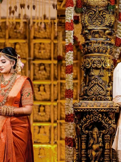 A classic portrait of the couple standing on either side of a decorative pillar on their wedding stage.