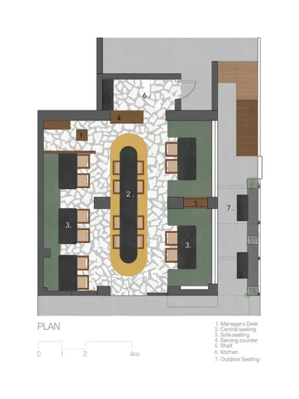 **Eat Punjab, Chandkheda:** The floor plan for the Chandkheda branch demonstrates how we adapt our core design concepts to different spatial constraints. The central table remains the heart of the experience, even in a tighter, cozier layout.