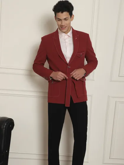 Suits for all seasons and all occasions. This red belted jacket is a modern take on formal wear, perfect for a cocktail party or reception. It's tailor-made by my craftsmen to fit your body perfectly.