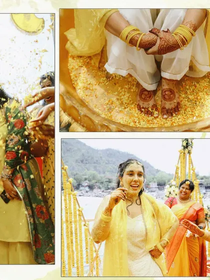 A collage from a riverside Haldi ceremony in Rishikesh, capturing the joy of the bride and guests being showered with flower petals. The photos highlight the beautiful chaos and happiness.
