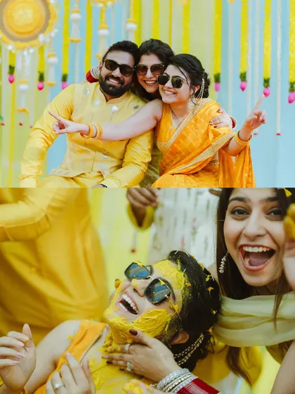 Two views of the same happy Haldi celebration, showing the couple posing with friends and the bride laughing as she gets covered in turmeric.