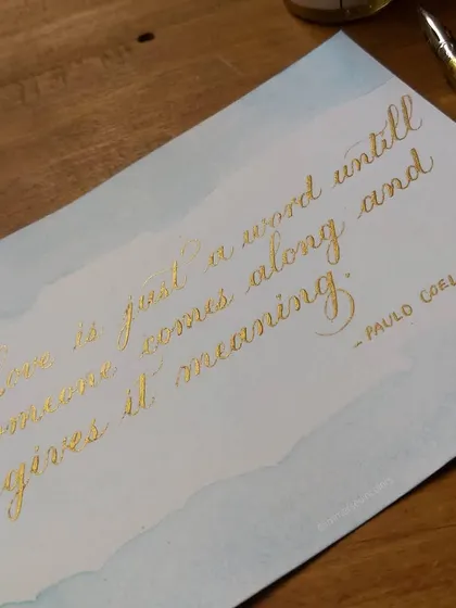 I was so mesmerized by this golden ink on a soft blue watercolor wash that I made a spelling mistake. But art is about progress, not perfection, and I still love how this combination turned out.