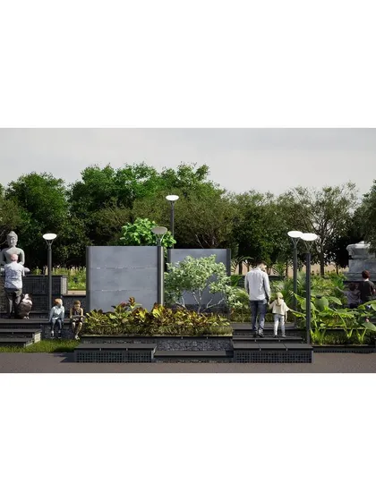 The landscape provides a contemporary setting for the community to engage with the heritage site, offering seating, shade, and accessible pathways.