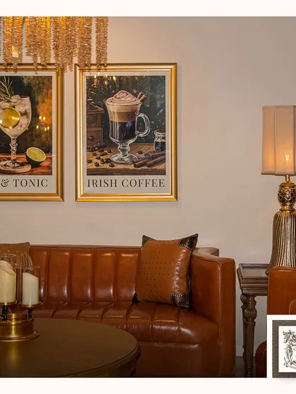 This cozy corner is set for stylish relaxation with vintage-inspired "Gin & Tonic" and "Irish Coffee" art prints. They create the perfect vibe for a home bar or a comfortable lounge area.