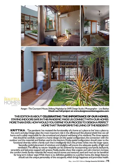 A spread from Design Essentia's 'Beautiful Homes' edition, showcasing the 'Aangan' project. The article delves into how the pandemic reinforced the importance of designing homes that are safe, functional, and deeply connected to nature.