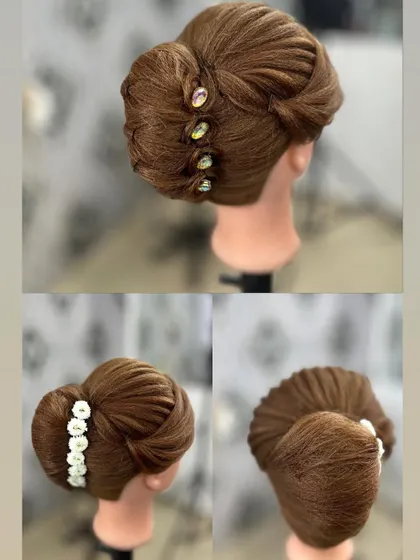 A collage showing different ways to style a classic French roll hairstyle, a key technique I teach in my hairstyling classes.