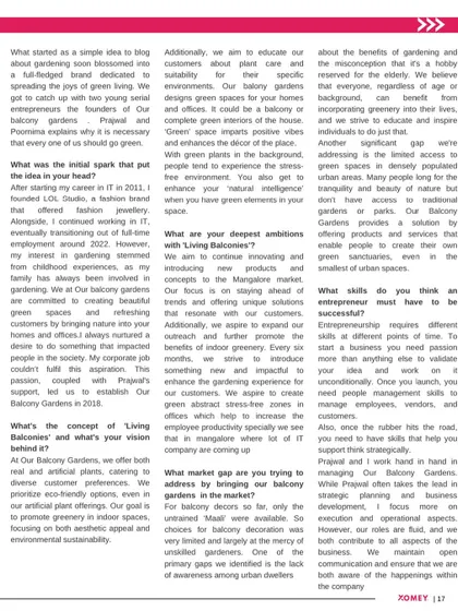 Another page from our magazine feature, where we discuss our concept of 'Living Balconies' and our focus on providing eco-friendly greening solutions for homes and offices.