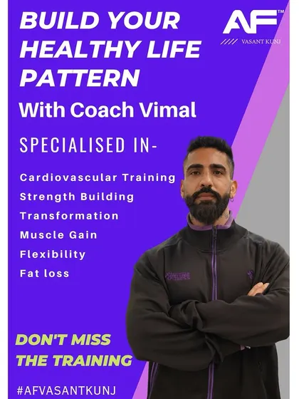 Meet Coach Vimal. He focuses on cardiovascular training, strength building, and transformation, offering a well-rounded approach to fitness.