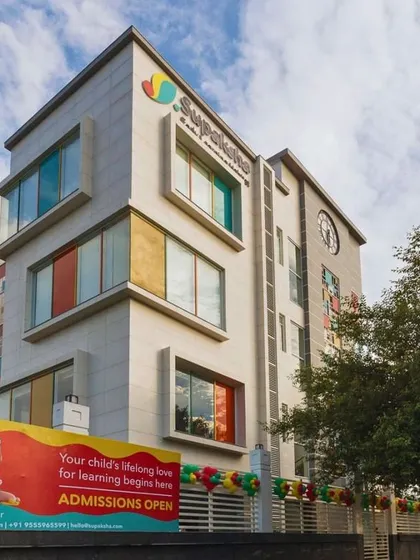 The Supaksha Early Learning Habitat, a project designed to be an interactive and nature-centric space for young children. The facade features playful colors and forms to create a welcoming environment.