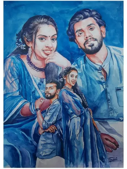 A creative watercolor composition featuring a couple. This piece combines two different poses into one artistic collage, all painted in a striking blue monochrome.