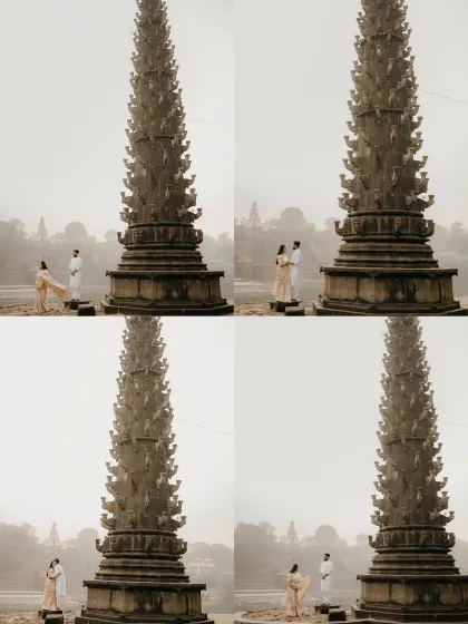 A series of moments near the temple's 'deepstambh'. This collage shows the couple's interactions, from playful to serene, all within a culturally rich setting.