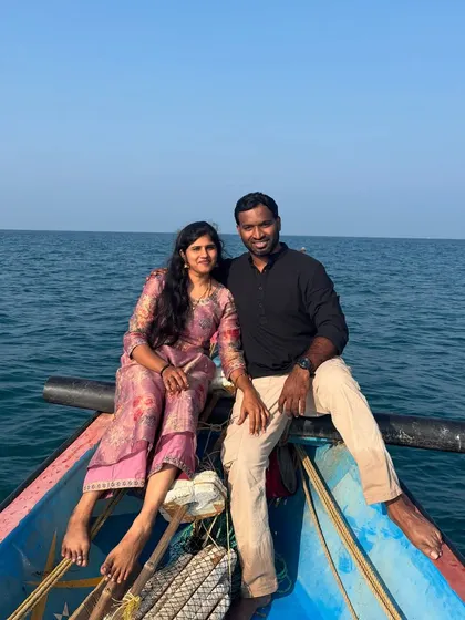 A beautiful portrait of a couple enjoying their time on the boat. The clear blue sky and water make for a perfect photo opportunity.