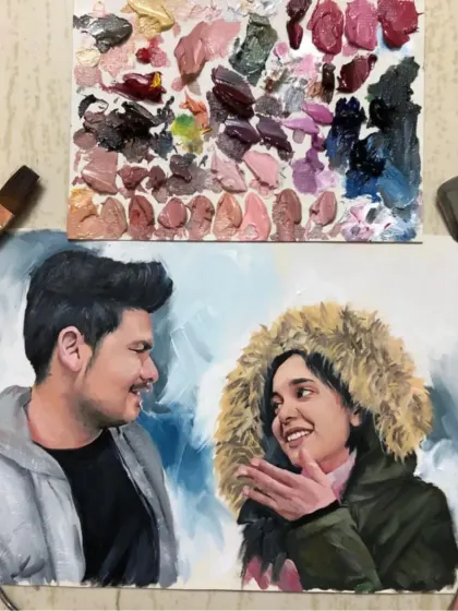 This candid oil portrait captures a happy, natural moment between a couple. The woman's fur-lined hood and their genuine smiles were a joy to paint, showing that art can feel spontaneous and real.