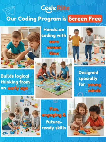 This collage captures the essence of my screen-free coding program. You can see children engaged in various hands-on activities that build logical thinking, from floor games that teach sequencing to block puzzles that introduce algorithmic concepts, all designed for young, curious minds.
