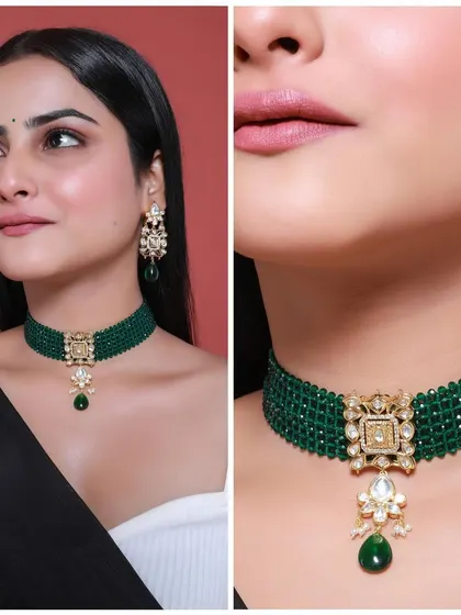 A model shot showcasing a beautiful green beaded choker. This split view shows both the product on a model for context and a close-up of the lips, highlighting how it complements the wearer.