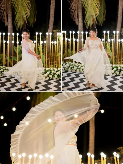 A collage of the bride looking radiant as she twirls in her white Sangeet outfit on a checkered dance floor.