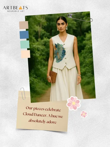 Celebrating the color Cloud Dancer, this image features the Reverie co-ord set. The off-white linen blend is a perfect canvas for the subtle, hand-painted art, embodying quiet elegance.