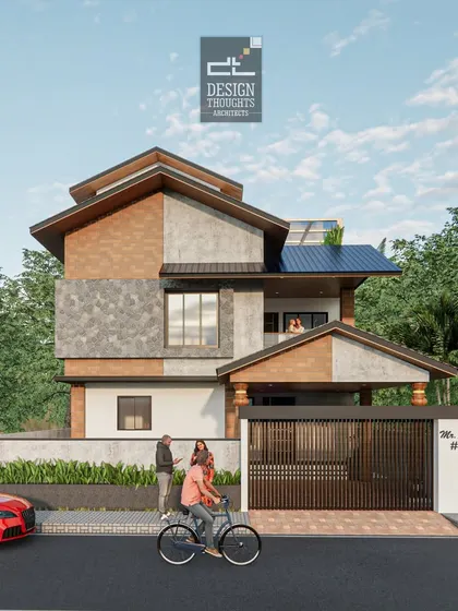 Another angle of the modern home with regional charm, this view shows how solar panels are integrated into the sloped roof, blending sustainability with traditional aesthetics.