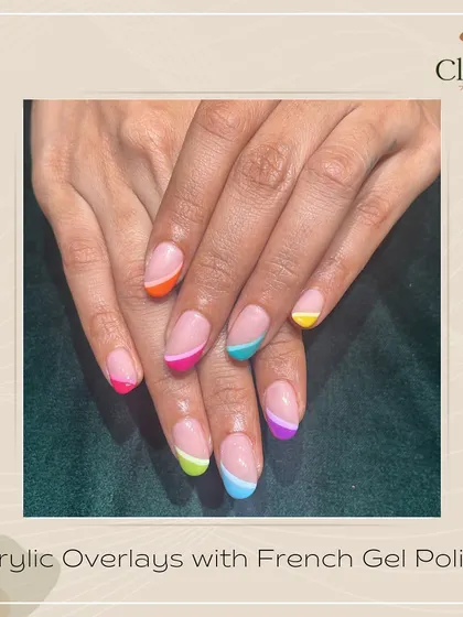Why choose one color when you can have them all? These acrylic overlays feature rainbow-colored French tips, making for a fun and cheerful manicure that never goes out of style.
