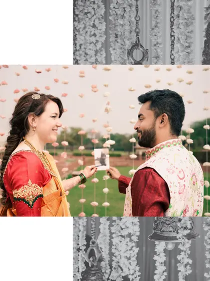 A creatively edited photo of a couple holding a picture, blending color and black and white to create an artistic and memorable portrait.
