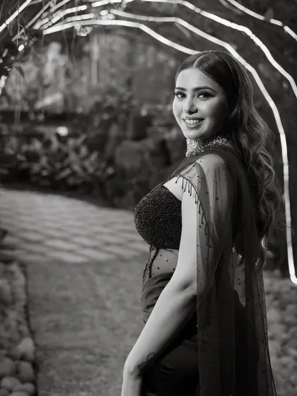 A stunning black and white portrait of the bride, looking radiant and happy during her cocktail night celebrations.