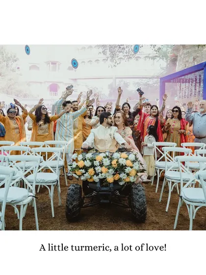 A grand entrance on a decorated ATV, surrounded by cheering family and friends, showcasing a unique and fun start to the Haldi ceremony.