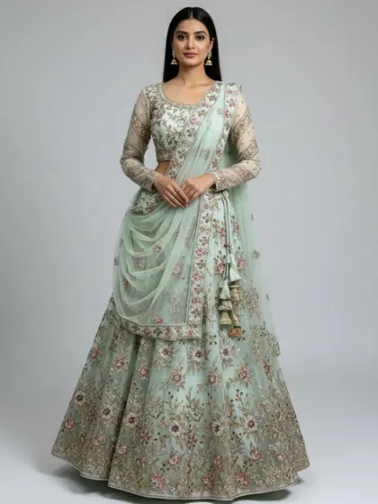 This image shows the intricate floral embroidery in shades of pink and gold that adorns the mint green lehenga, making it a work of art.
