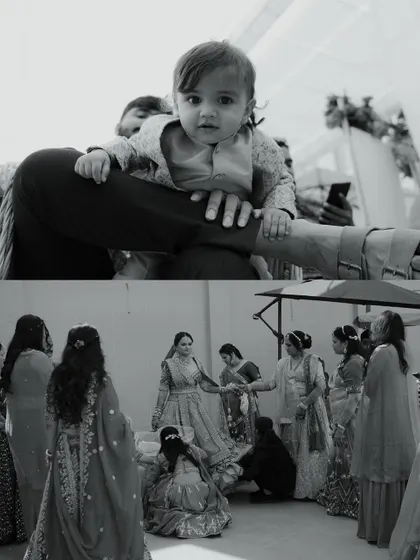 A black and white collage showing touching moments from the wedding, including a cute baby guest and traditional rituals involving the bride.