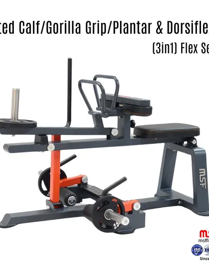 A side profile of the 3-in-1 Seated Calf, Gorilla Grip, and Plantar/Dorsiflexion machine, highlighting its robust, space-saving construction.