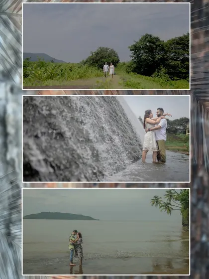 This series captures an adventurous couple's journey through different natural landscapes, including a waterfall and a serene beach, showcasing a multi-location pre-wedding shoot.