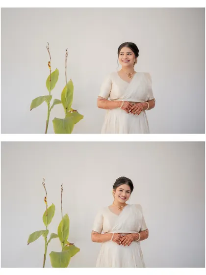 A simple and elegant two-photo collage of the bride before her Haldi ceremony begins.
