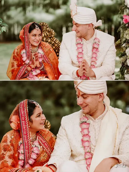 Candid moments from Megha and Grady's ceremony, showing the smiles and connection shared during their traditional Indian wedding rituals.