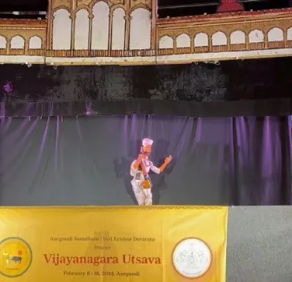 A dancer performs as part of our 'Vijayanagara Vaibhava' production, which combines puppetry with live dance and music. This multimedia approach creates a rich and immersive theatrical experience.