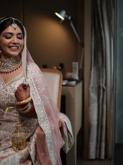 Another lovely seated portrait, showcasing her kalire and the intricate work on her lehenga.