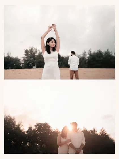 A creative pre-wedding collage from a shoot in Honnavara. The beach setting and artistic composition tell a story of romance and adventure.