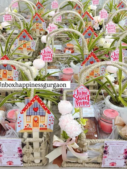 An overview of a large order of housewarming return gift baskets, all uniformly and beautifully assembled for the special occasion.