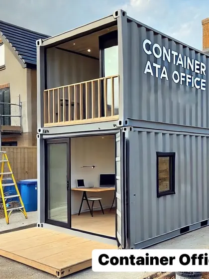 This two-story container office is a great example of a larger modular workspace. It features a ground-floor office and an upper-level space with a balcony, perfect for a site manager's office.