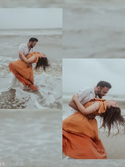 A collage of a couple laughing and playing in the waves, capturing the fun and spontaneity of a beach shoot.