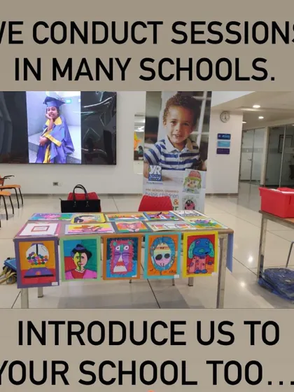 This is our booth set up at a school, showcasing the vibrant and impressive artwork our students create. We partner with schools to bring our unique drawing program to more children.