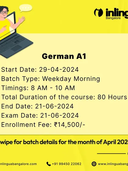 Details for our German A1 weekday morning course starting April 29, 2024.