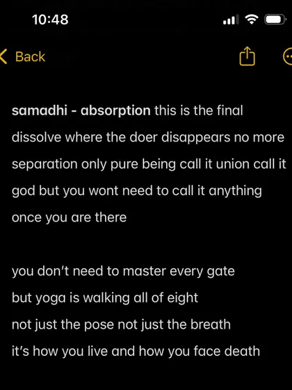 Samadhi, or absorption, is the final limb where the sense of a separate 'doer' dissolves into pure being. The entire eightfold path is a progressive journey toward this state of union, encompassing how you live, how you breathe, and how you face death.